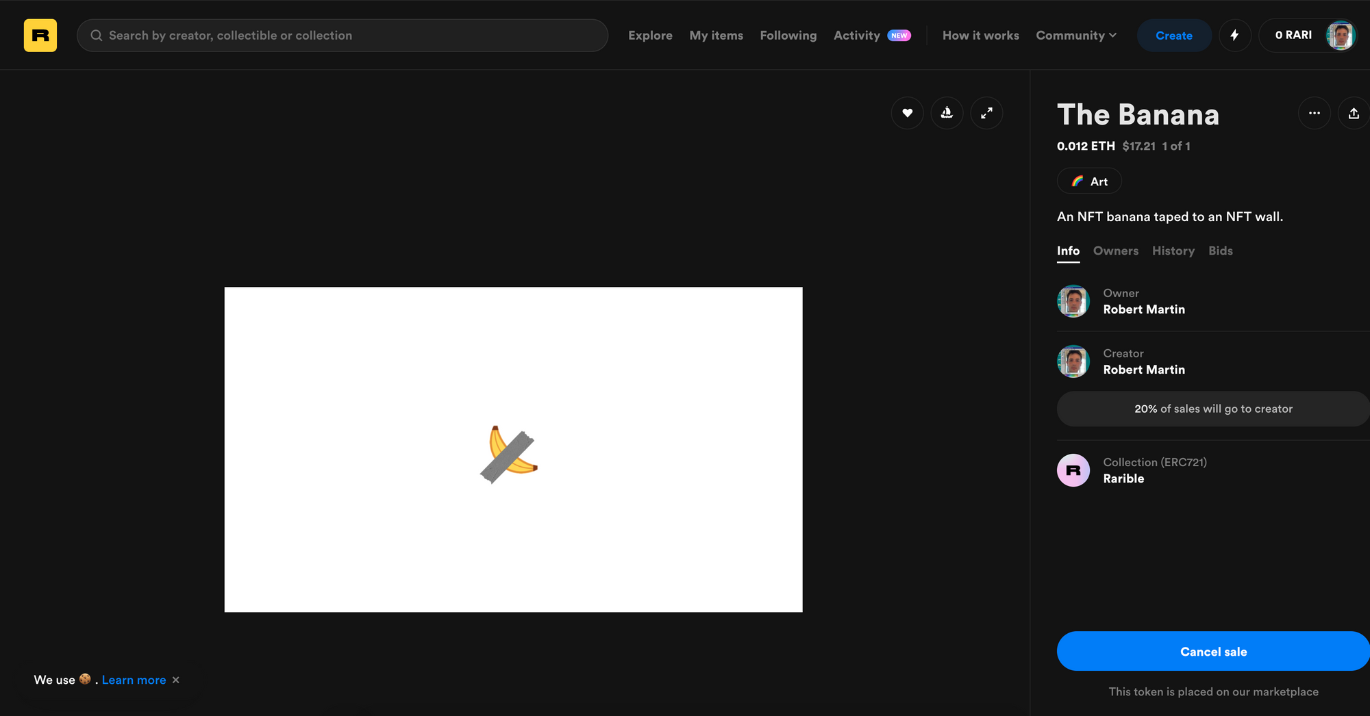 A screenshot of the Rarible listing for "The Banana" NFT