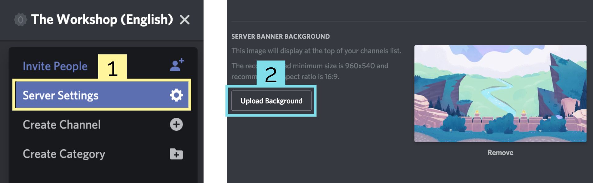 Screenshots showing how to upload a server background banner image in Discord. 