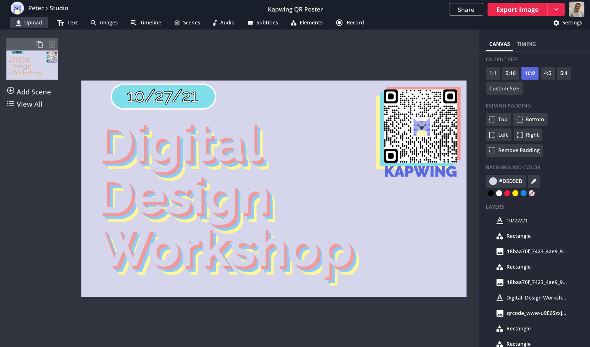 A screenshot of a QR code being customized and attached to a poster in the Kapwing Studio. 