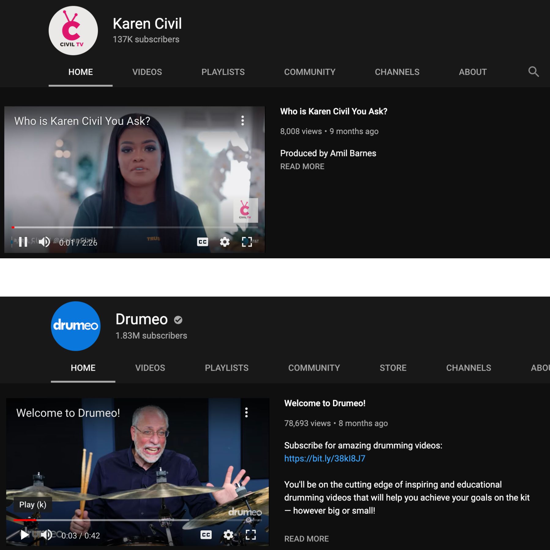 Screenshots of the channel trailers from the YouTube channels of Karen Civil and Drumeo. 