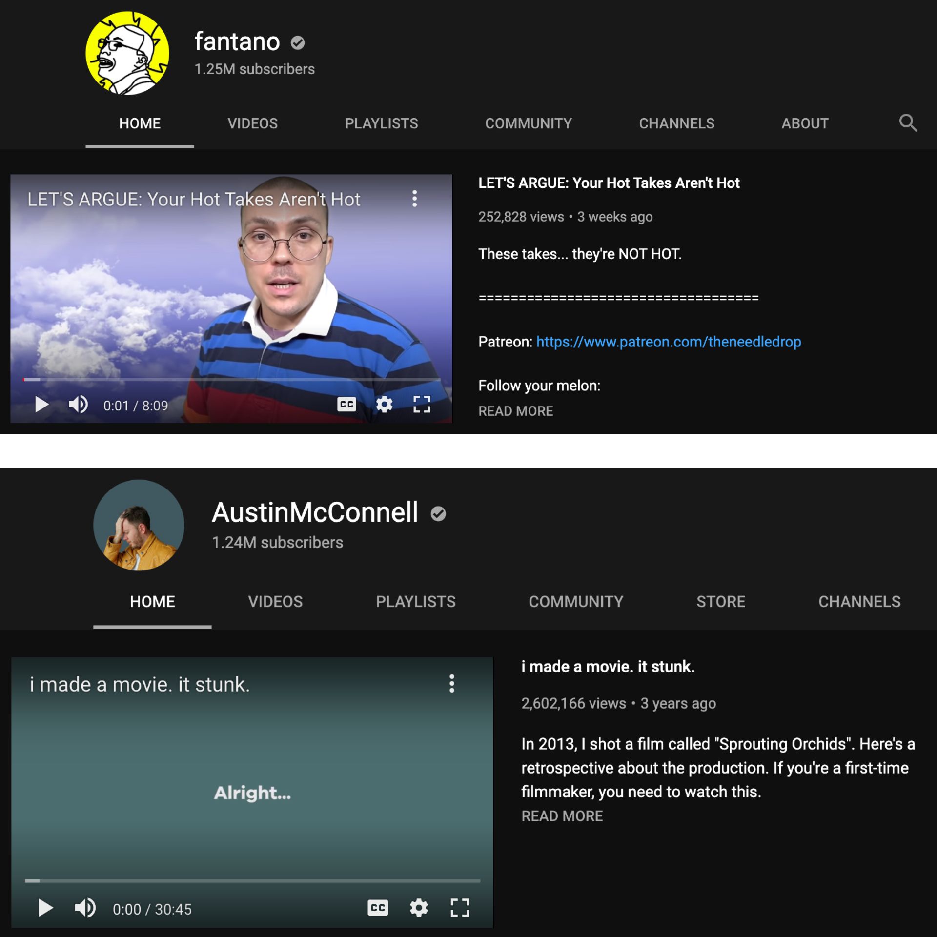 Screenshots of the channel trailers from Anthony Fantano and Austin McConnell. 