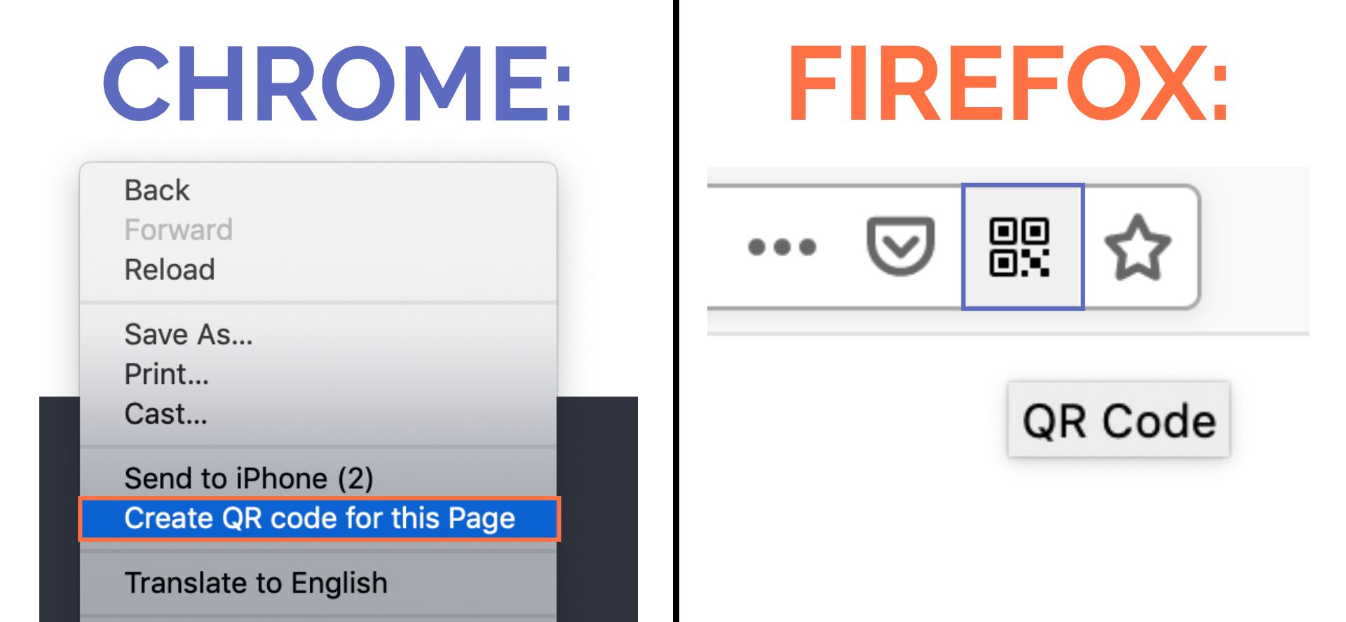 Screenshots showing how to generate QR codes in Google Chrome and FireFox. 