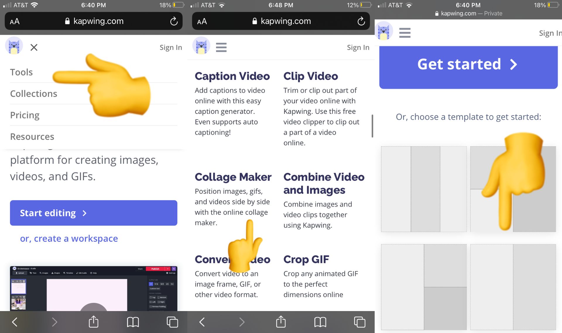 three screenshots of how to open the collage maker by Kapwing