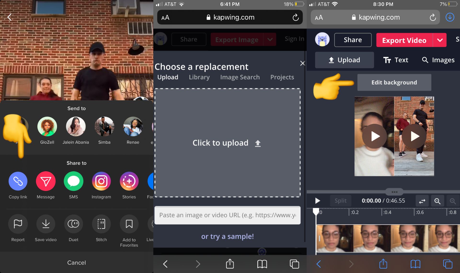 three screenshots next to each other showing how to upload a video from TikTok to Kapwing