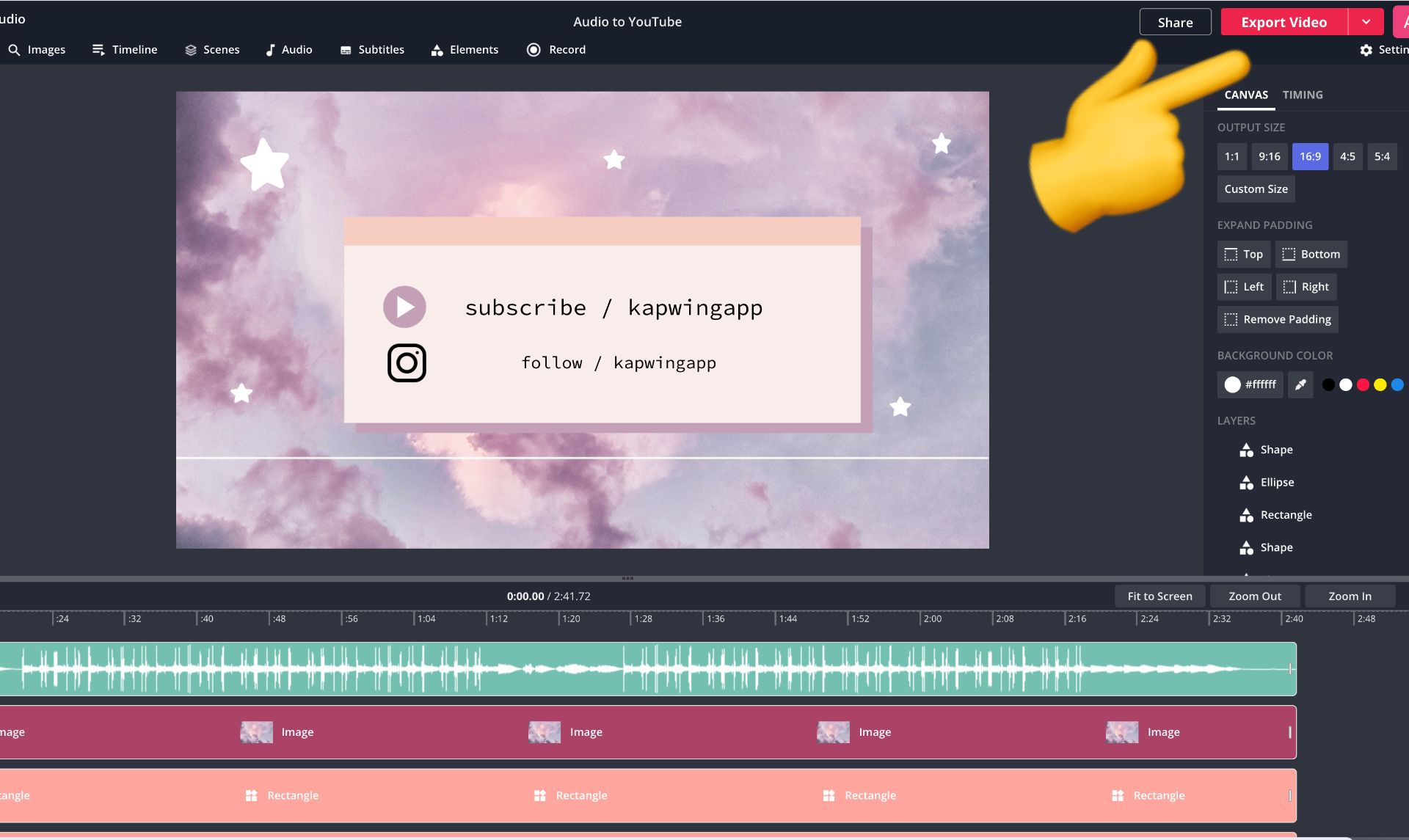 screenshot of how to export a video in kapwing studio