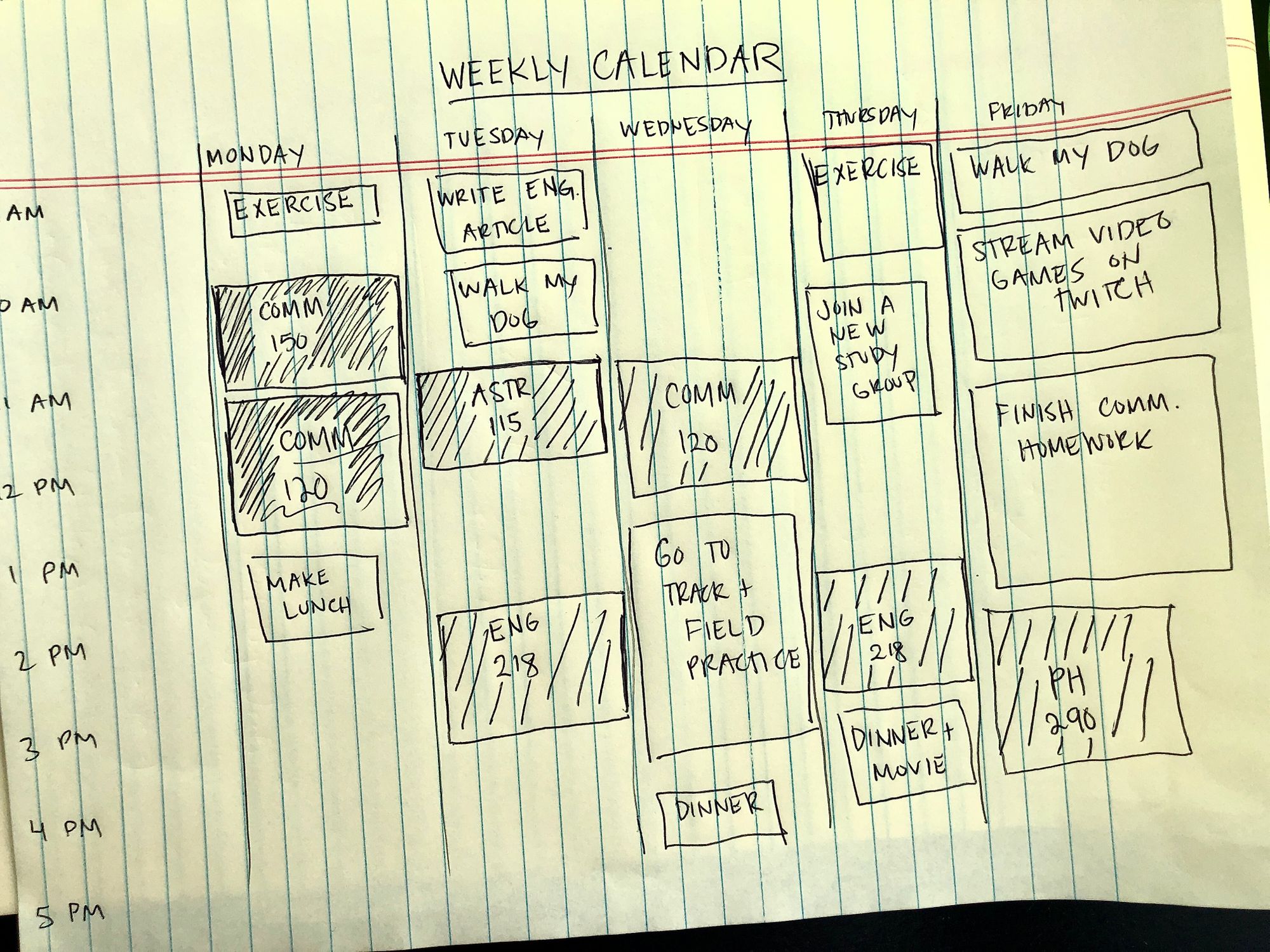 Lined paper showing a sketch of a weekly calendar with columns and squares