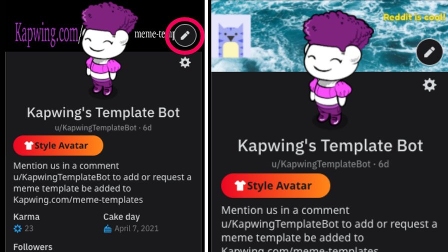 Screenshots showing how to upload a Reddit profile banner