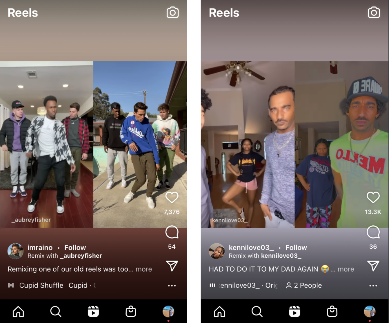 Screenshots showing how remixed Instagram Reels appear in the app. 