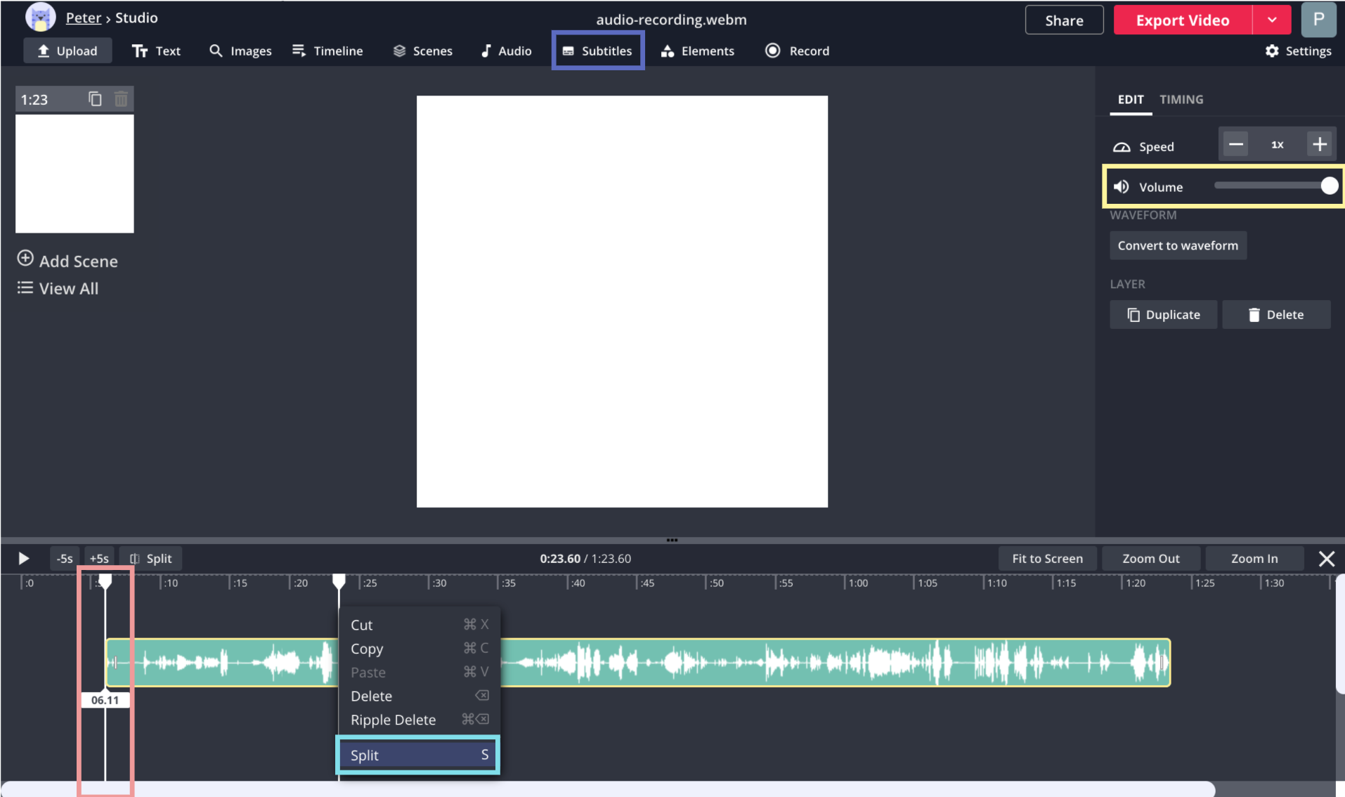 A screenshot showing how to trim audio clips, split them, adjust their volume, and add captions to them. 
