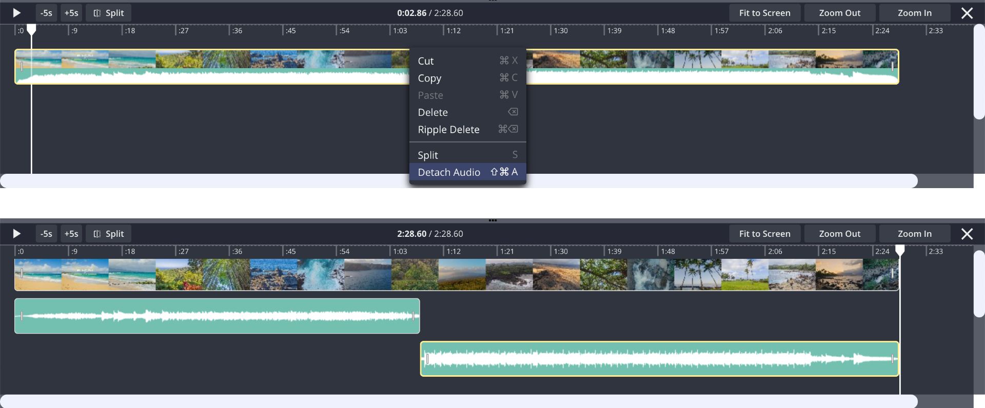 Screenshots showing how to detach and split audio layers in Kapwing. 