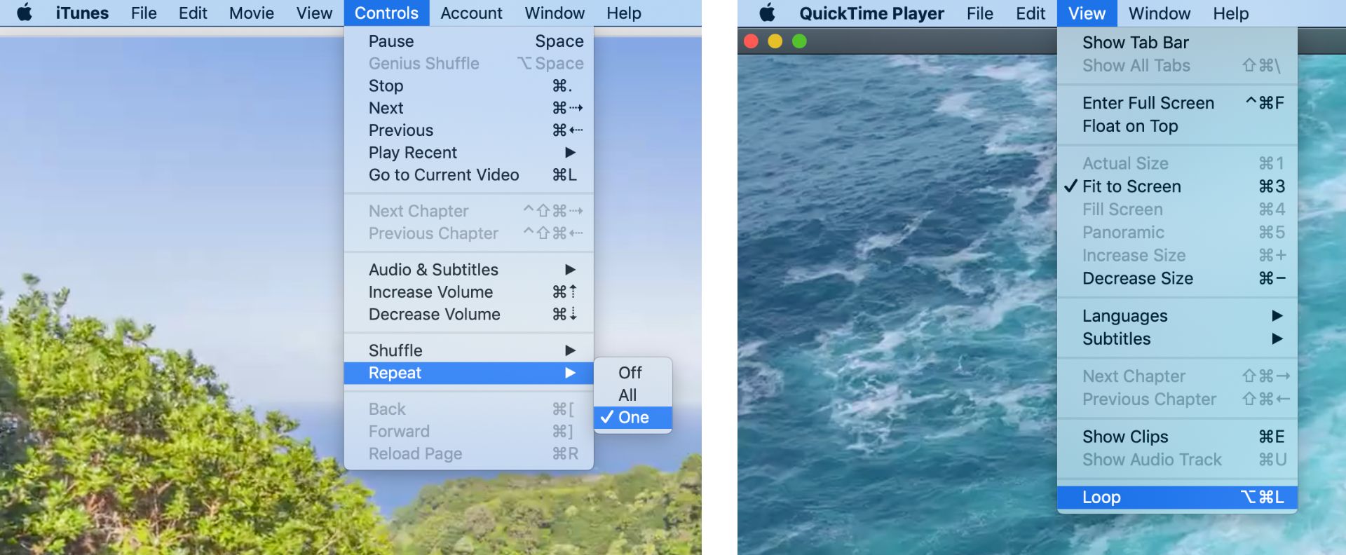 Screenshots showing how to loop meditation videos in various Mac applications.