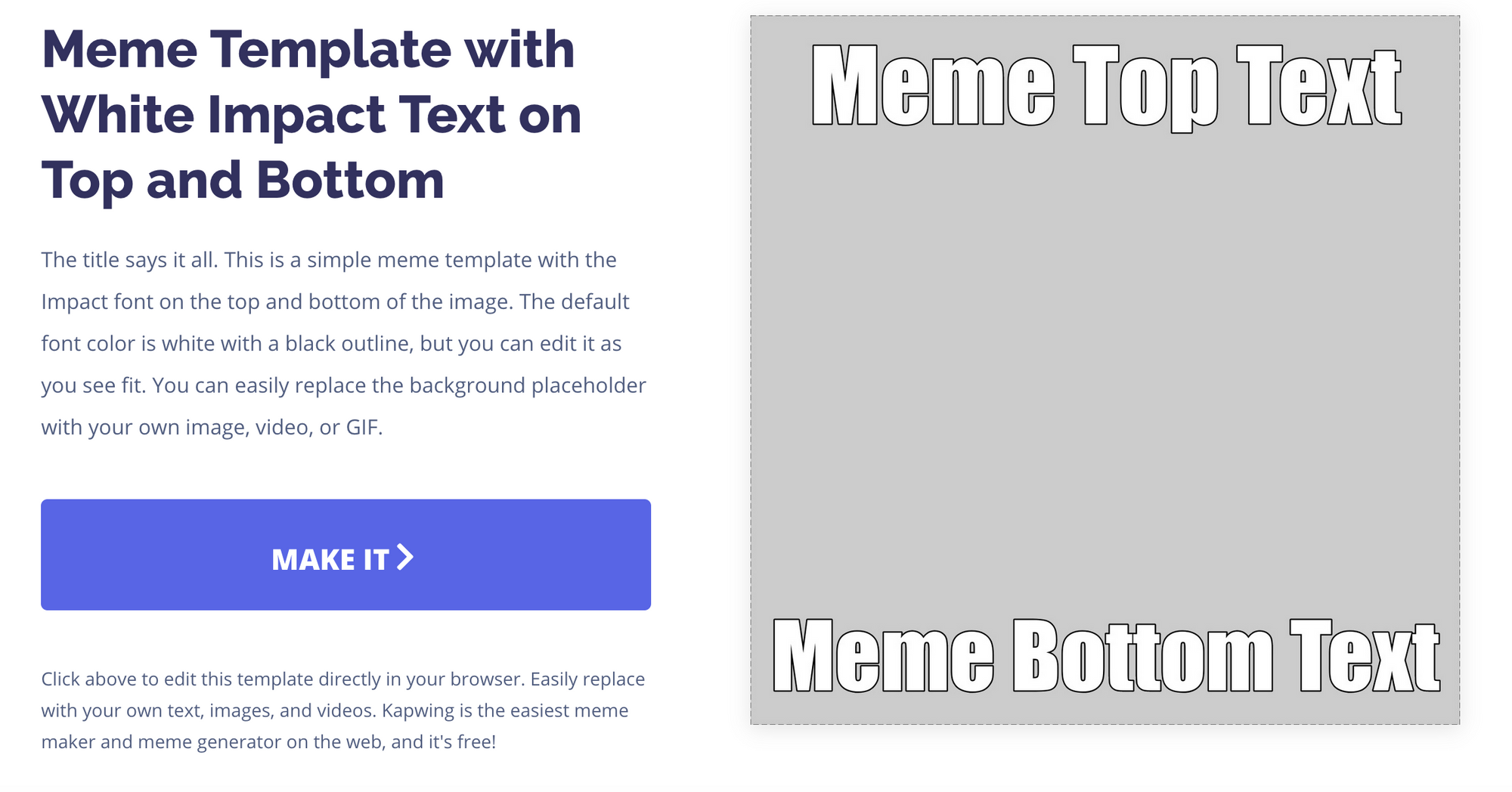 A screenshot of the Kapwing meme template page.