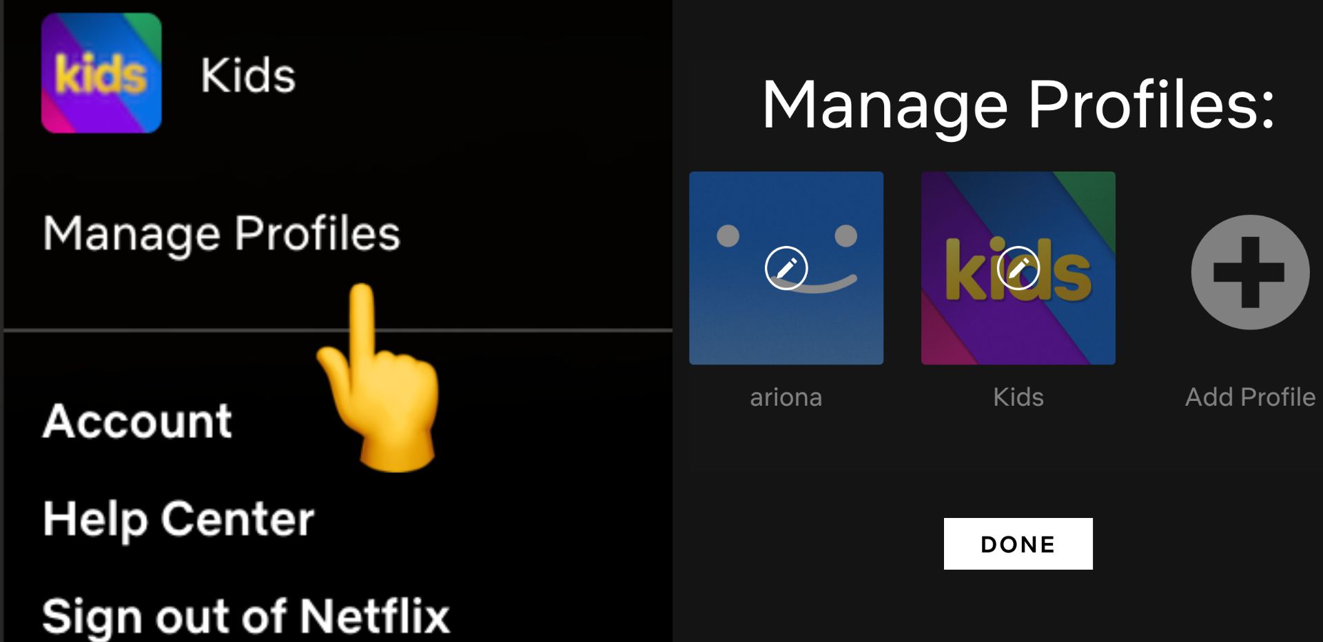 screenshot of Netflix screen with an arrow pointing to manage profiles