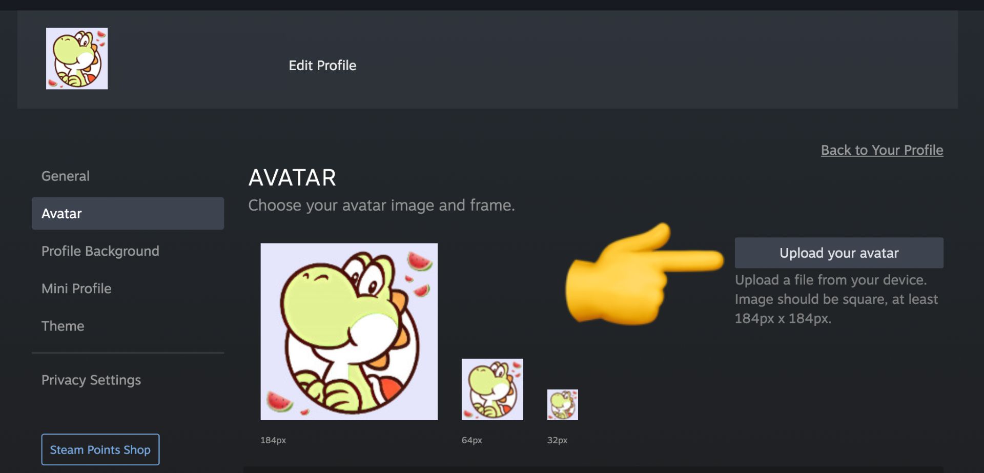 Screenshot of how to upload your avatar on Steam