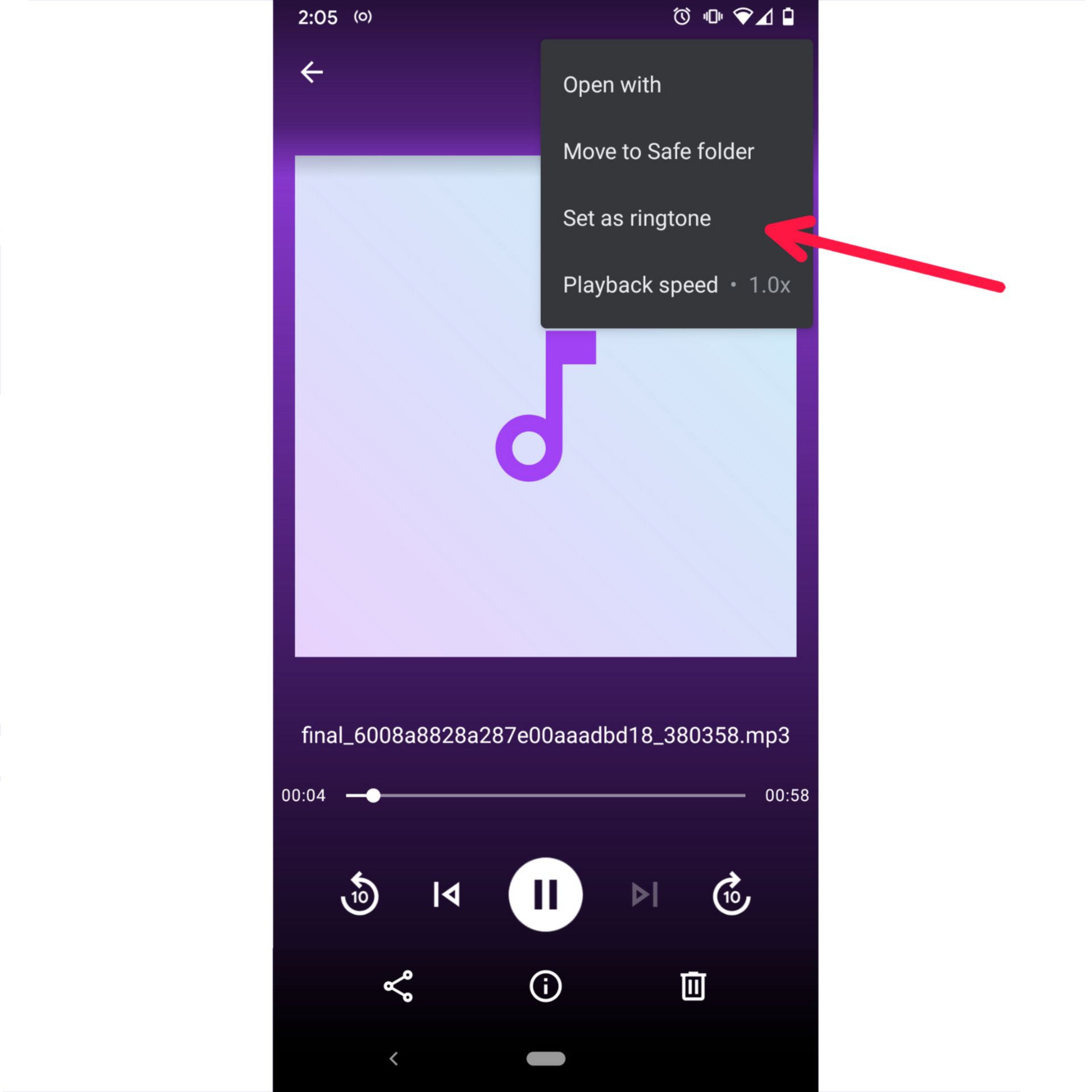 Android user interface with a menu to save audio as a ringtone