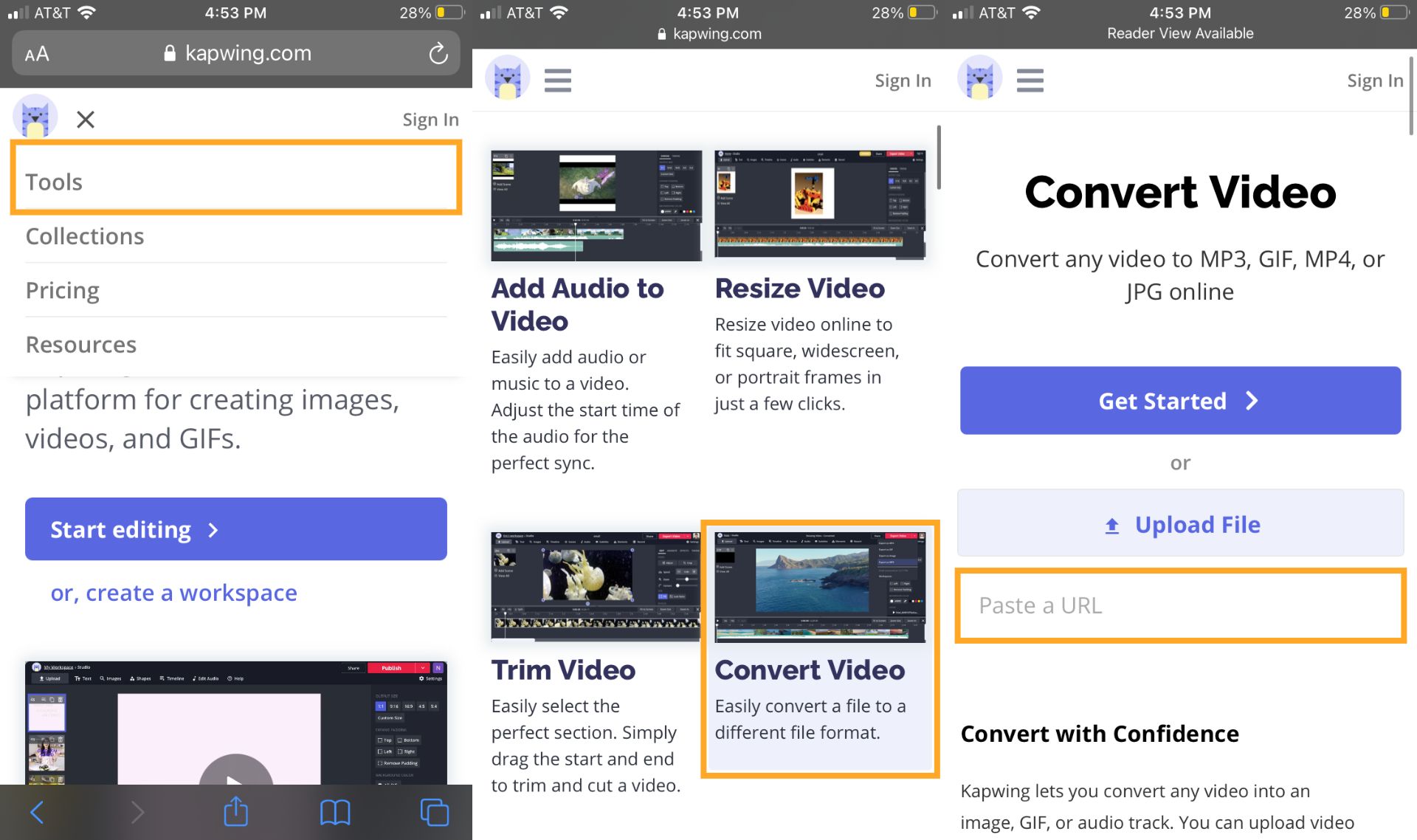 user interface of the convert video tool by Kapwing on an iPhone.