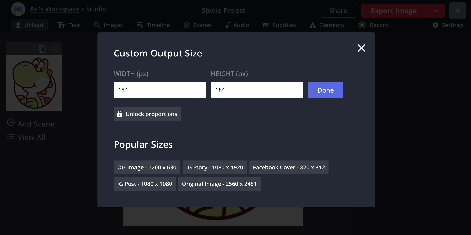 screenshot of how to change the output size of the background in Kapwing