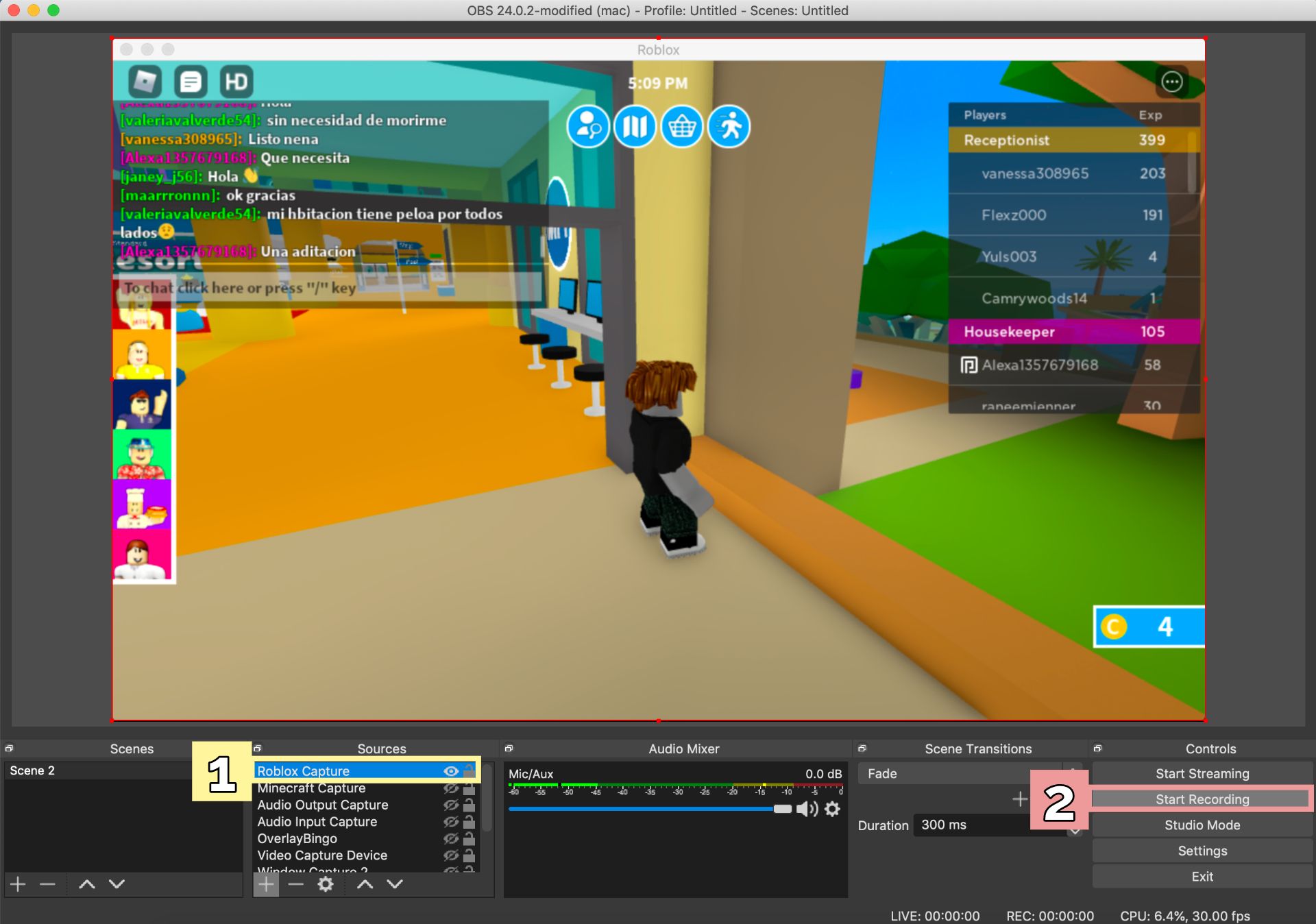A screenshot showing how to set up a Roblox window recording in OBS. 