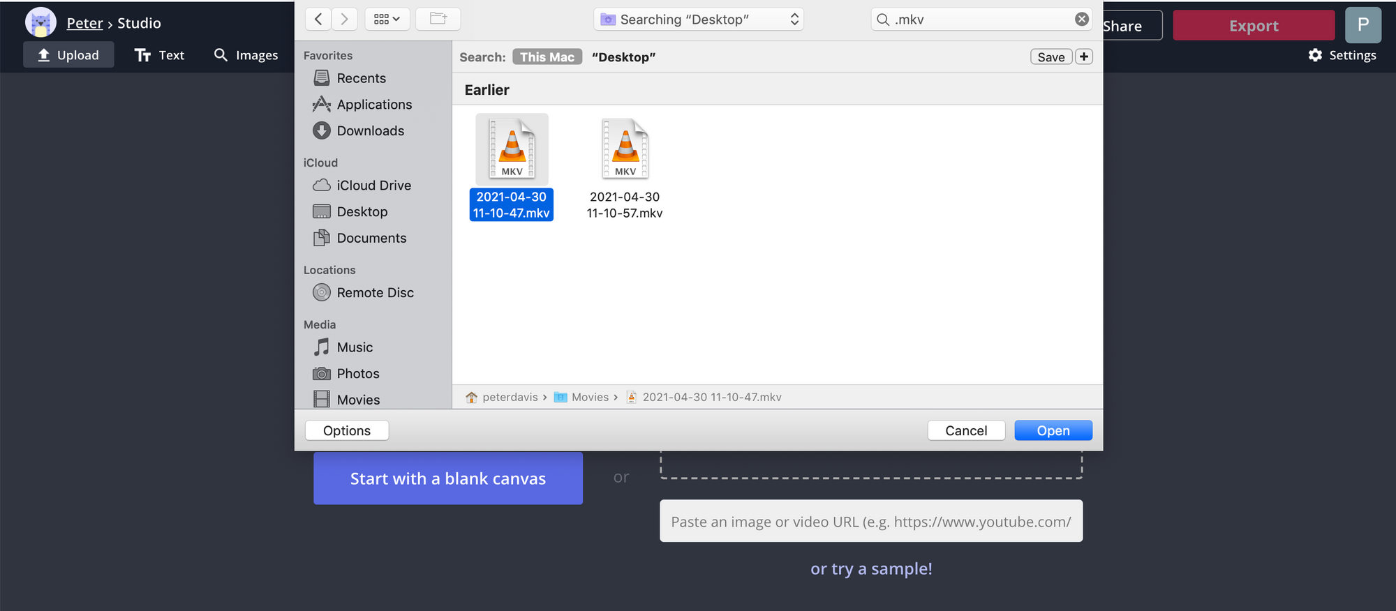A screenshot showing how to import OBS recordings to the Kapwing Studio. 