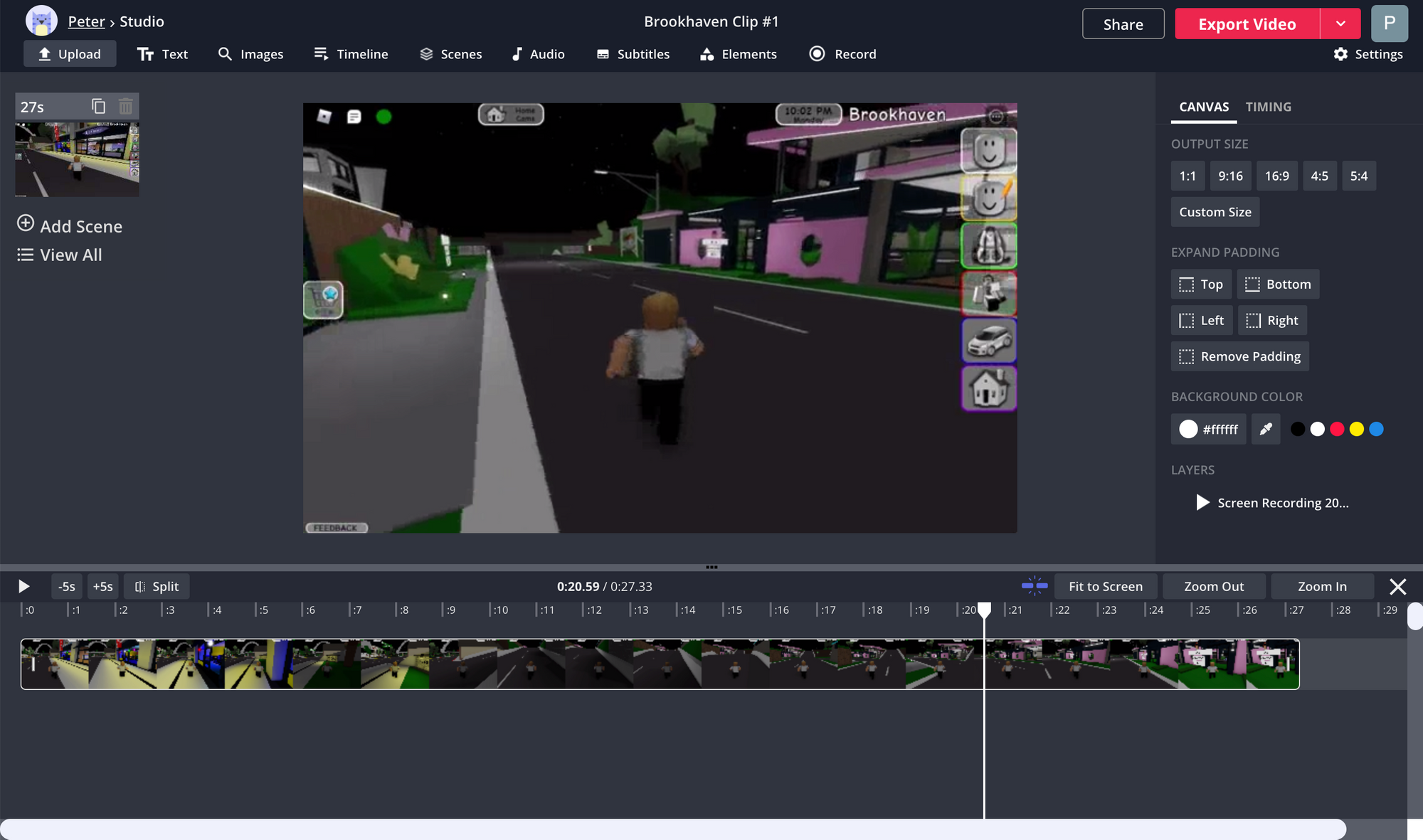 A screenshot showing a Roblox screen recording uploaded to the Kapwing Studio canvas. 