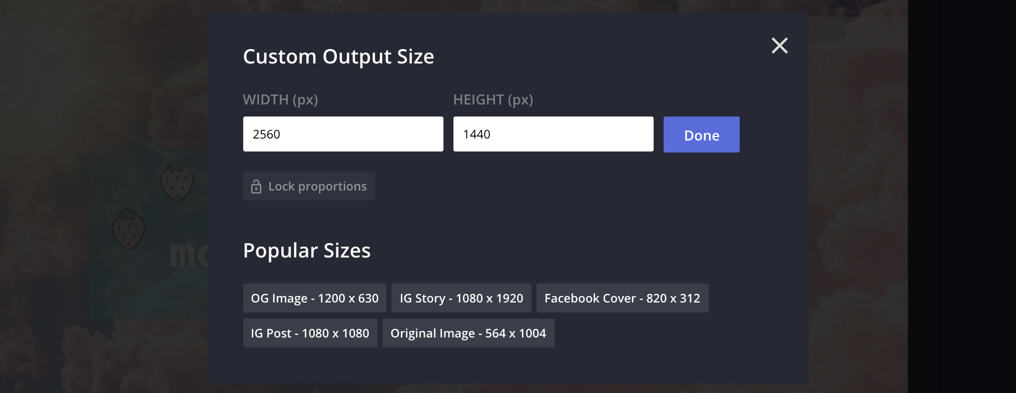 A screenshot showing how to resize Kapwing projects to a custom size. 