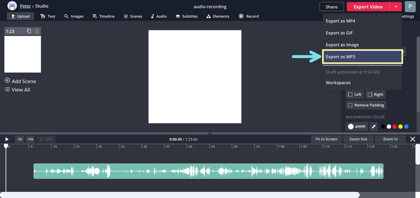 A screenshot showing how to export an audio file from the Kapwing Studio. 
