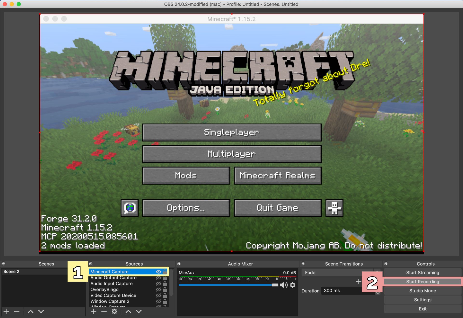 A screenshot in OBS showing how to record a Minecraft window.