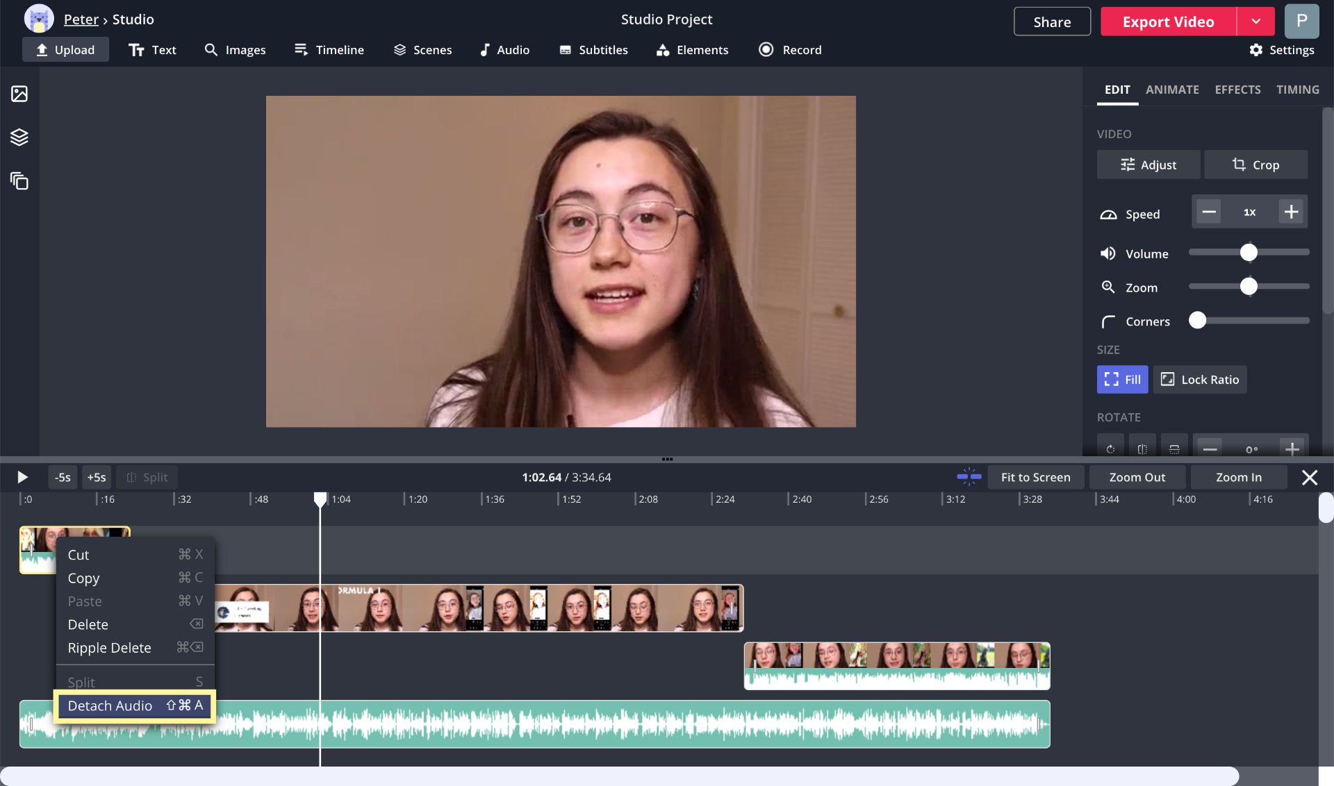 A screenshot showing how to combine multiple video and audio files in the Kapwing Timeline.