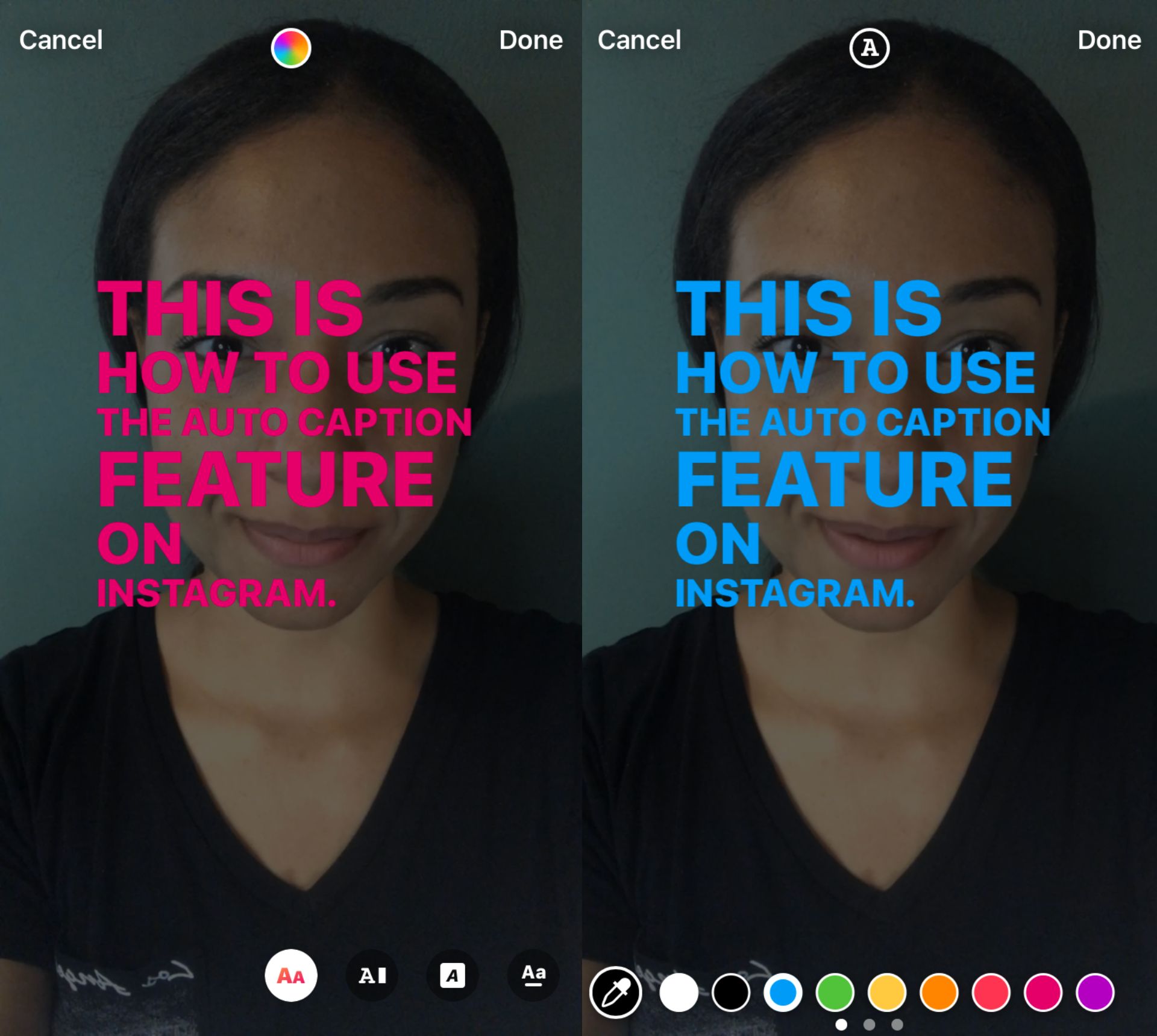 hai ảnh chụp màn hình cho thấy cách thay đổi màu phụ đề trên Instagram Story