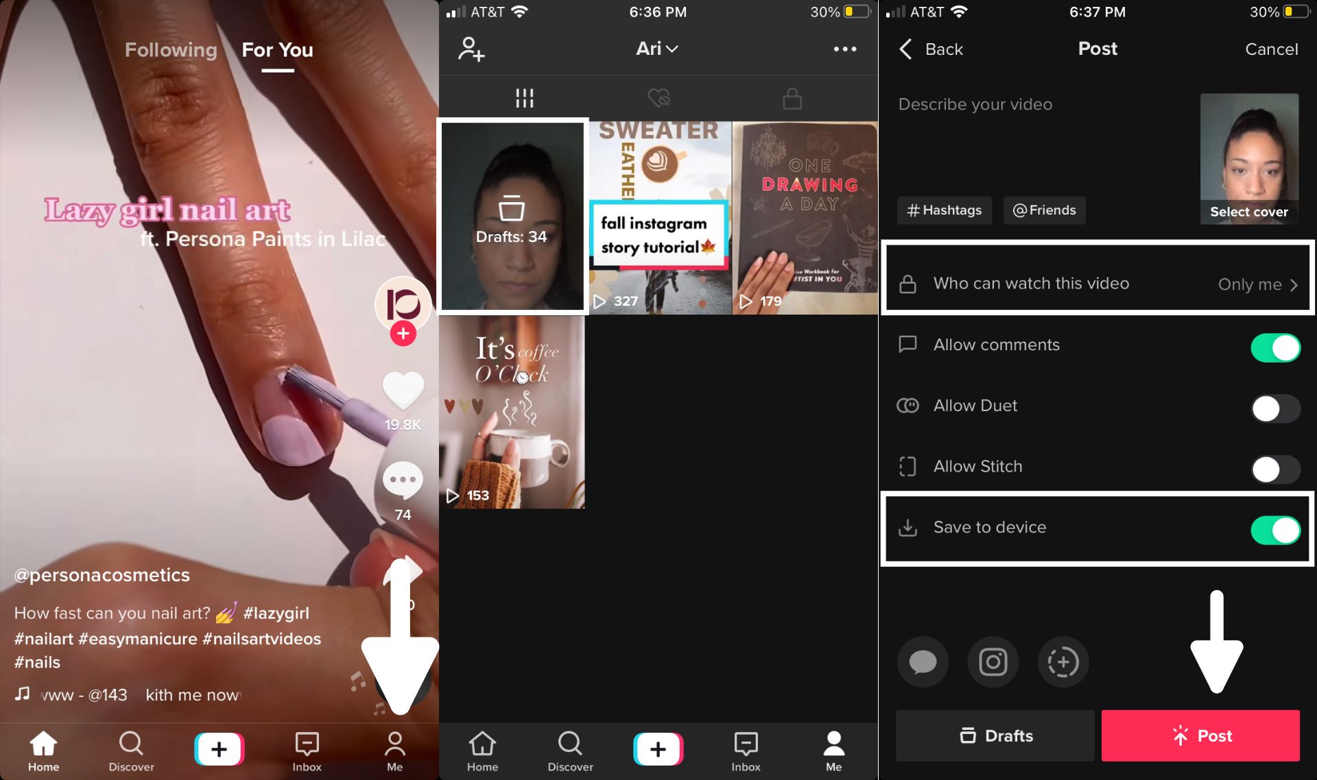 three screenshots showing you how to download a tiktok drafts to your device