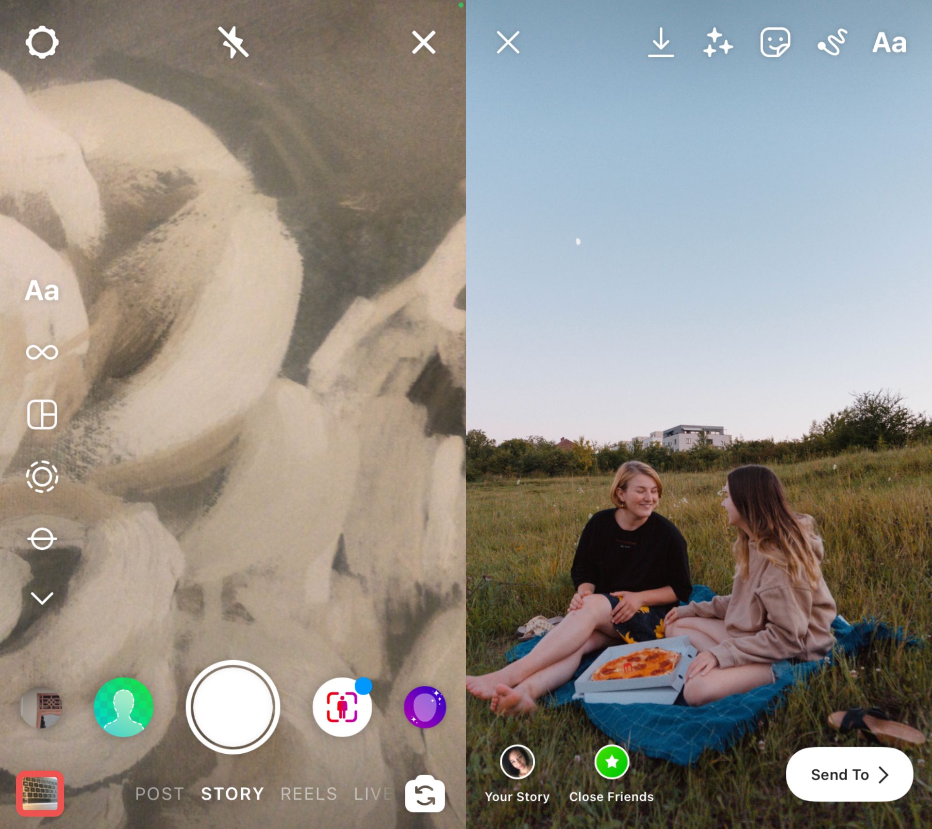 two screenshots showing how to upload a picture to Instagram Story