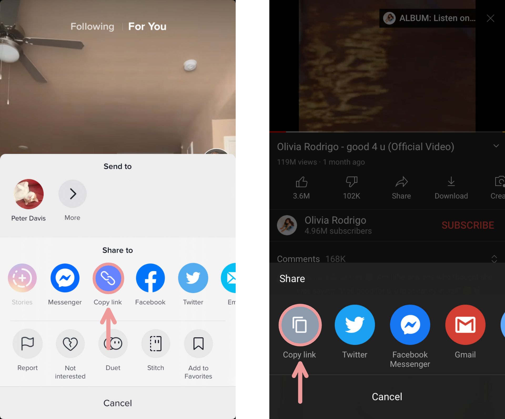 Screenshots showing how to copy links to videos on TikTok and YouTube. 