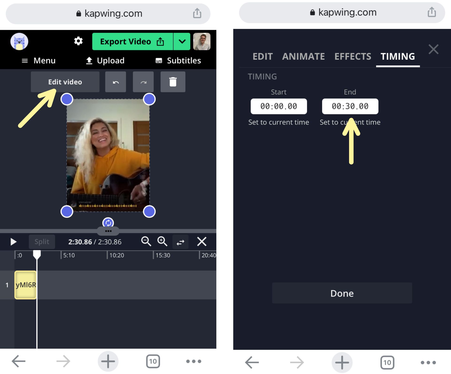 Kapwing Studio with annotations pointing to the edit video button and timing tool.