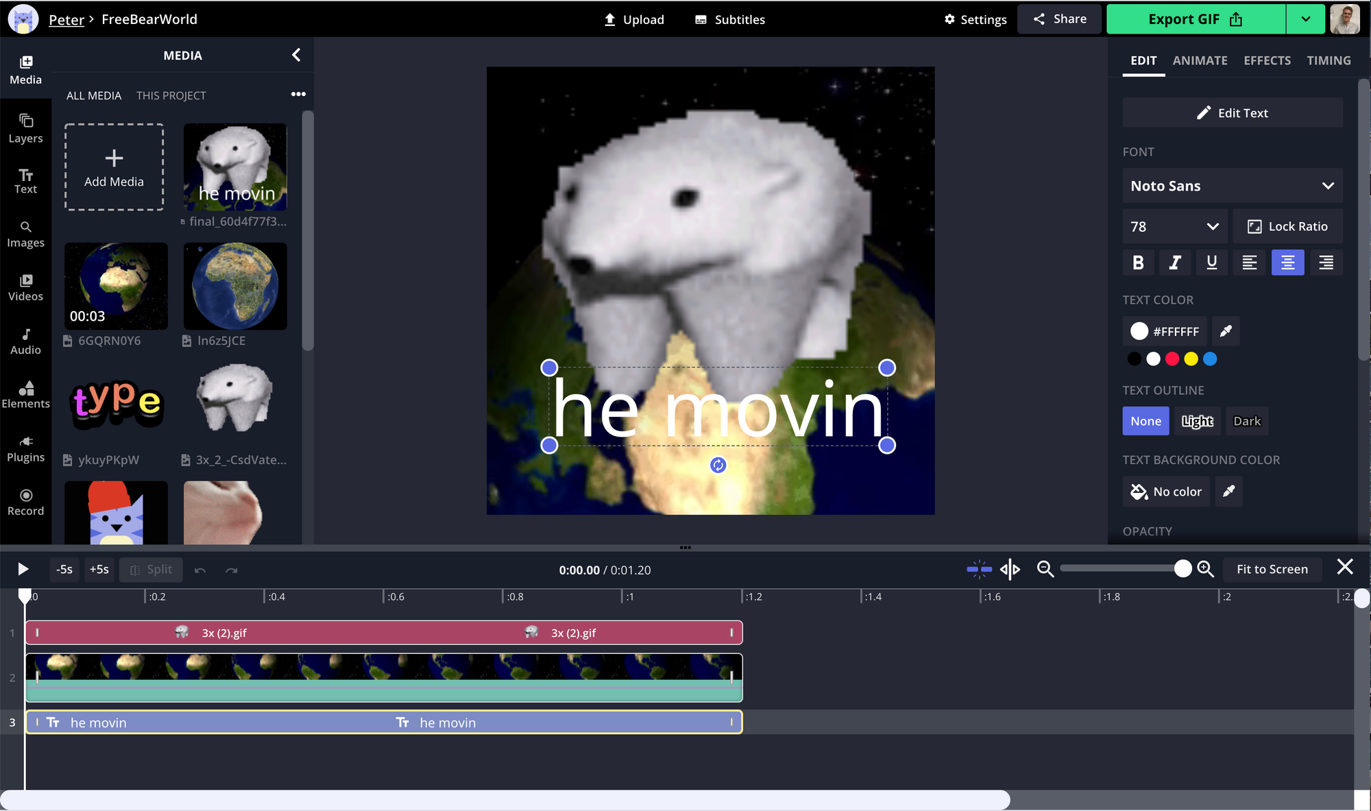 A screenshot of e FreeBear edit being made in the Kapwing Studio. 