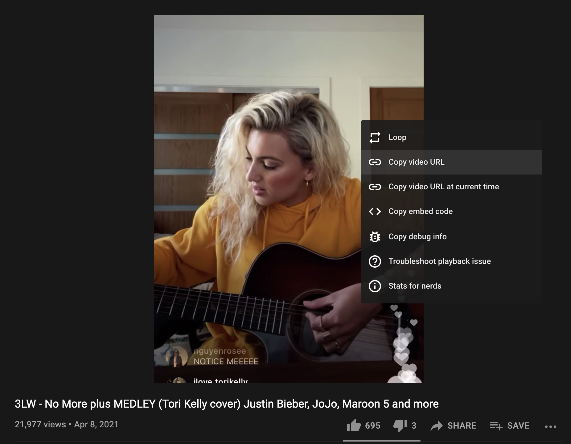 YouTube video with Tori Kelly singing and a pop up box with the option to copy video URL highlighted