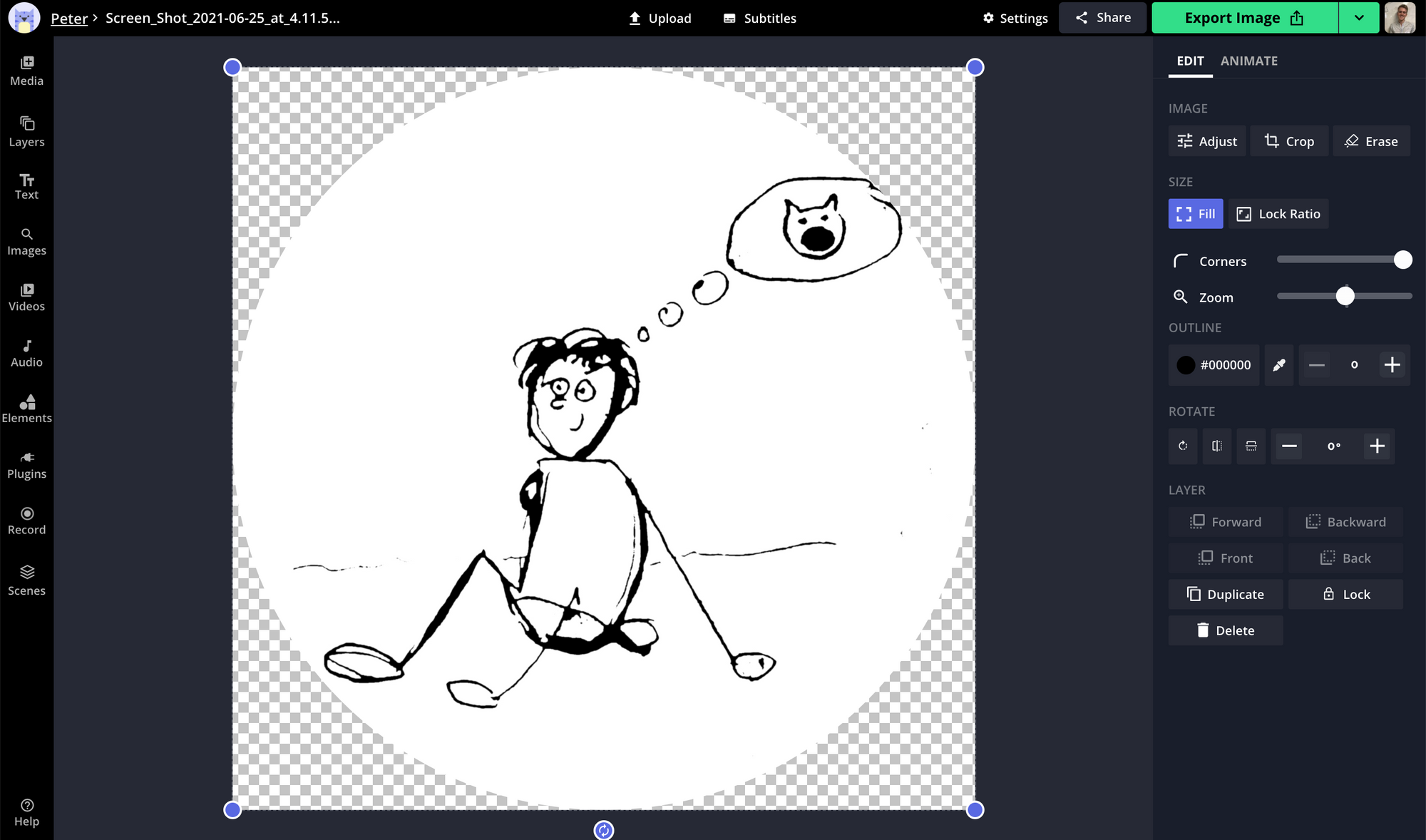 A screenshot of a hand-drawn Discord PFP being edited in the Kapwing Studio. 