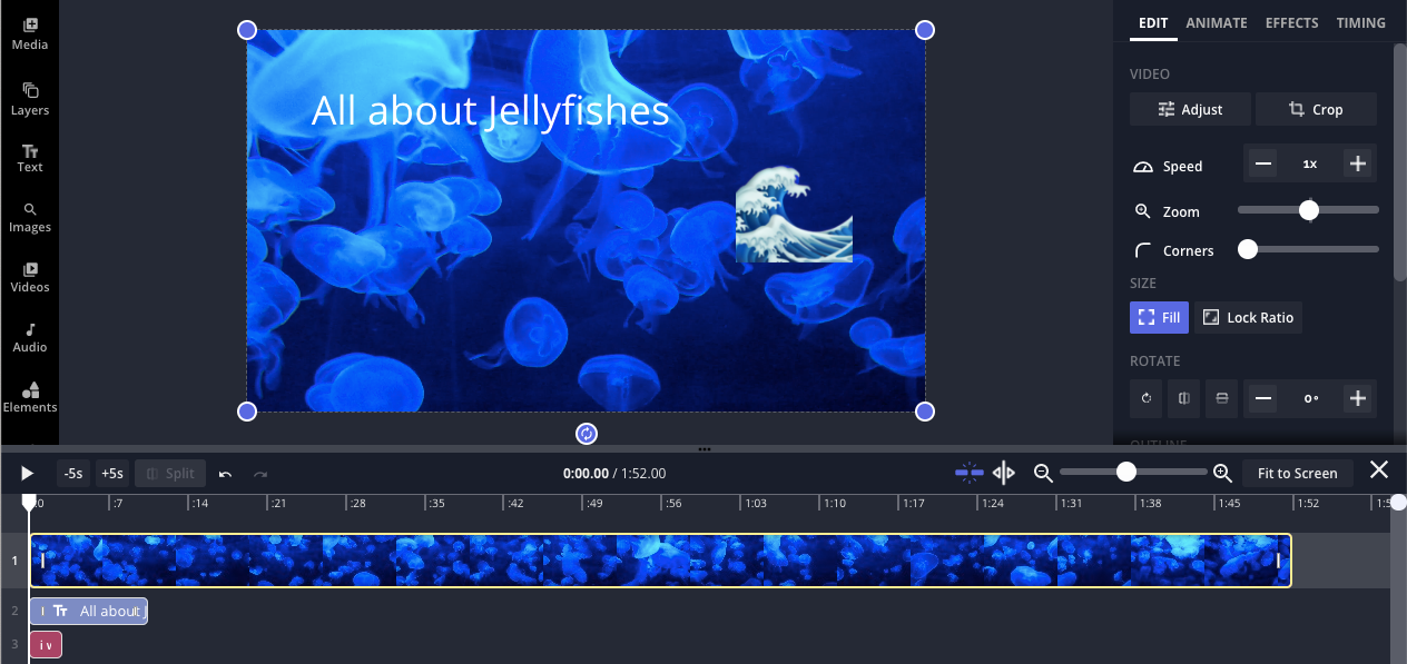 An image of the Kapwing studio, showing the timeline at the bottom with a video about jellyfishes.