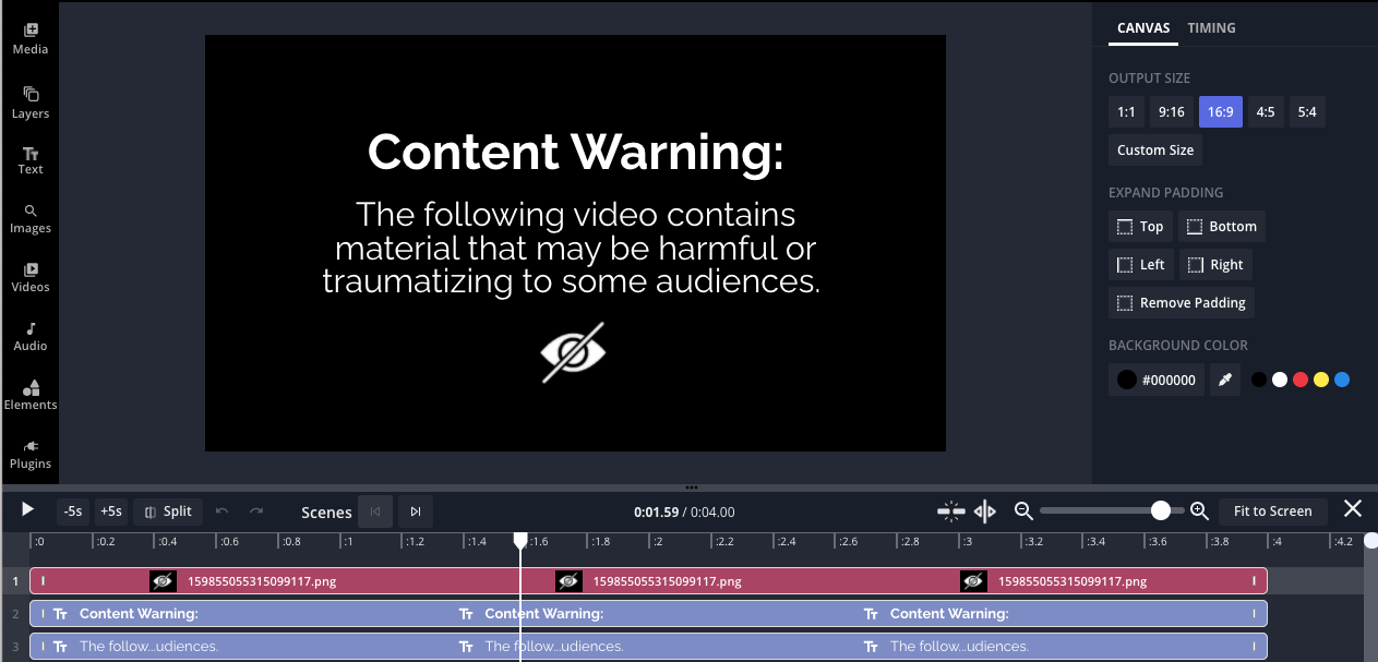 The content warning template in the Kapwing studio. 