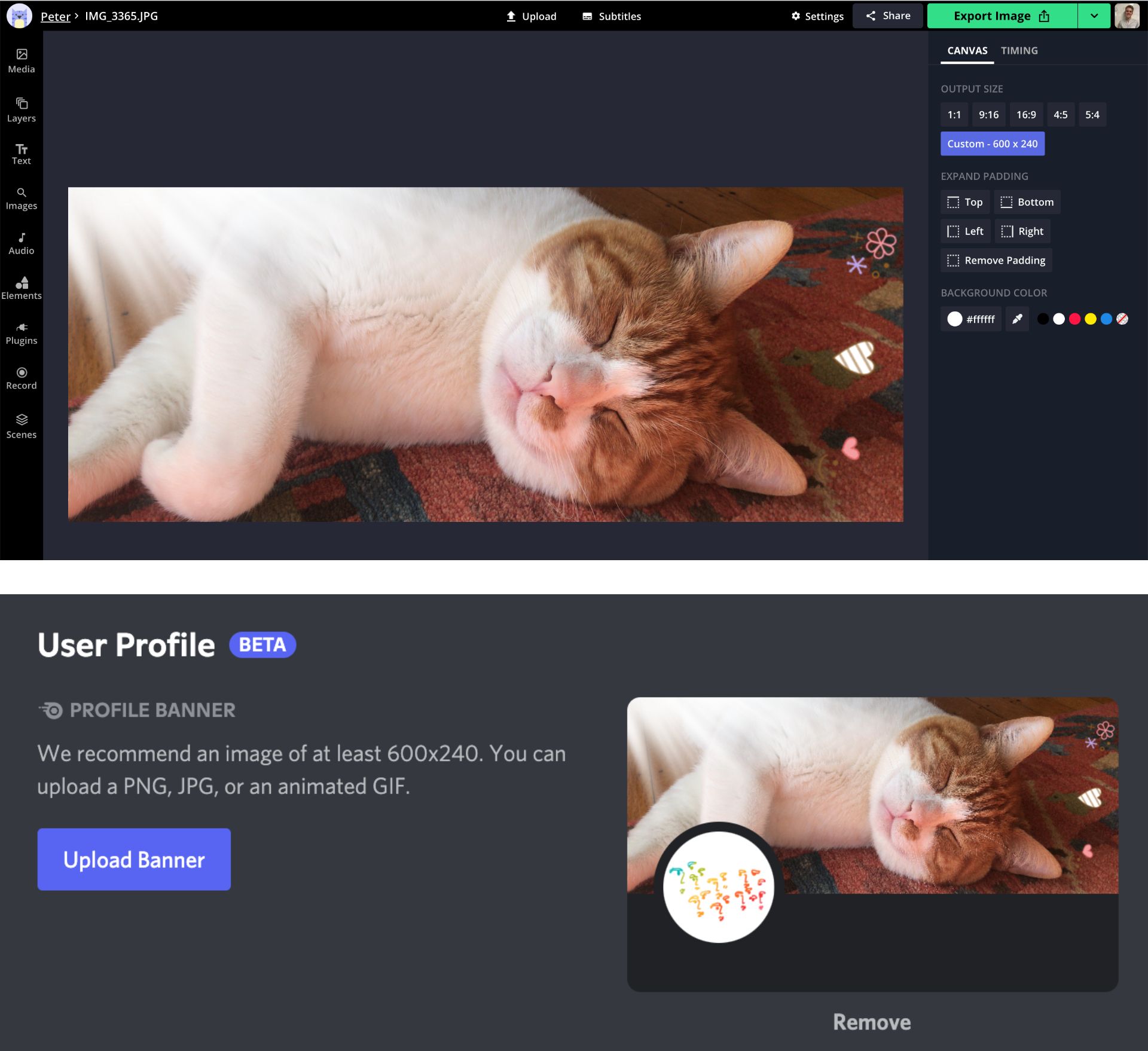 Screenshots showing how to create a Discord profile banner and add it to a Discord profile. 