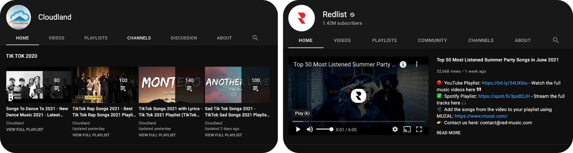 Screenshots of TikTok music videos and playlists by Cloudland and Redlist on YouTube.