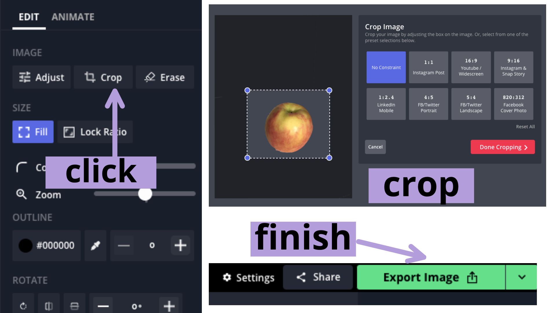 Screenshots showing the Kapwing sidebar, the crop window, and the export button.