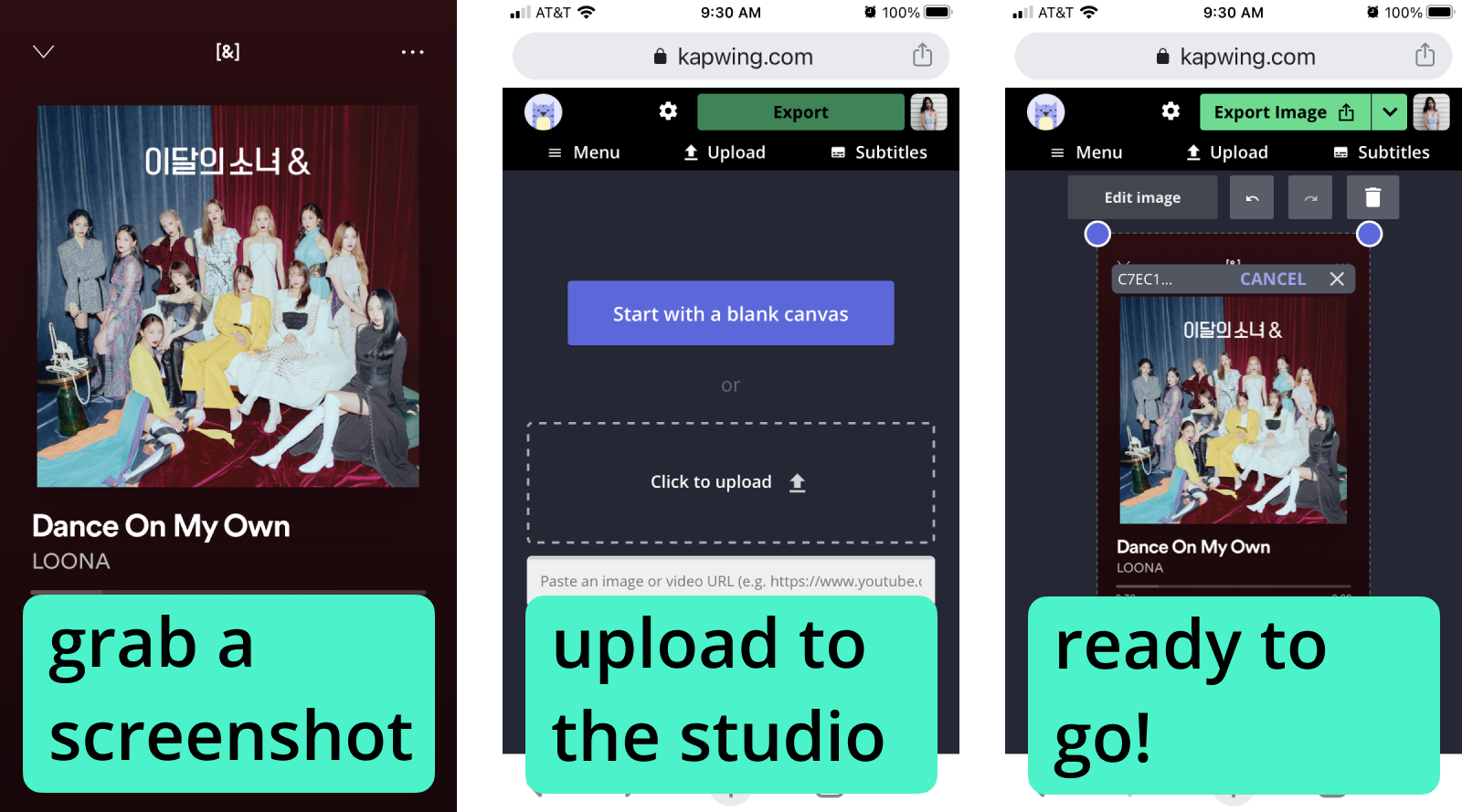 Screenshots showing how to upload photos to Kapwing. 