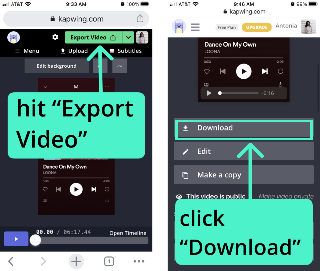 Screenshots showing how to download content from Kapwing. 