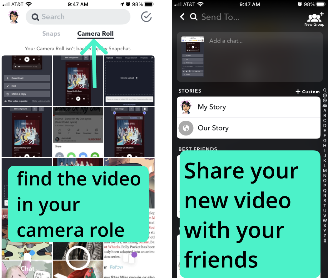 Screenshots showing how to share videos to Snapchat. 