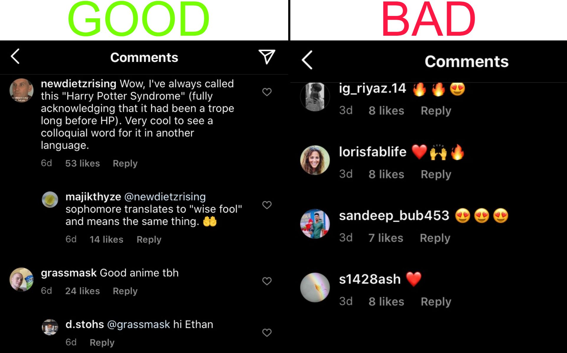 Two different types of Instagram comment sections