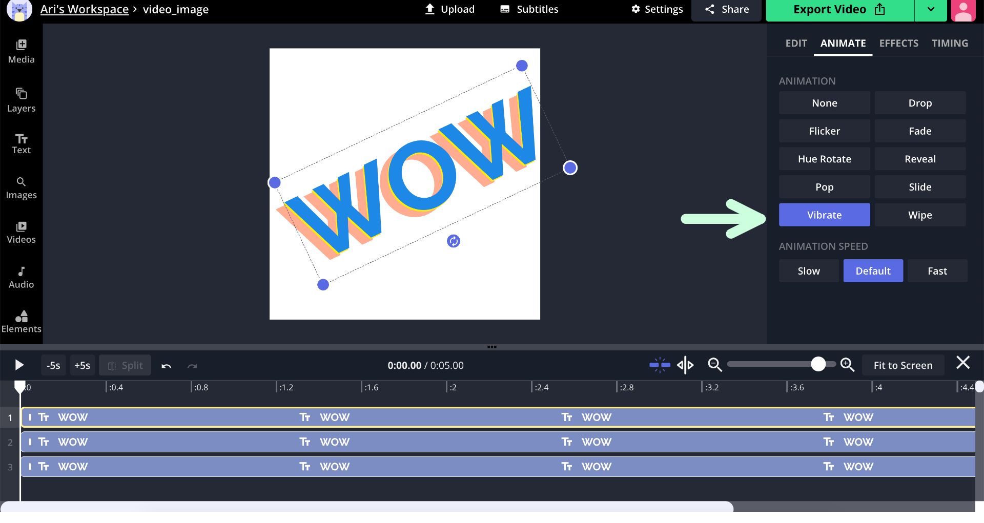 A screenshot showing how to add animations to text in the Kapwing Studio. 