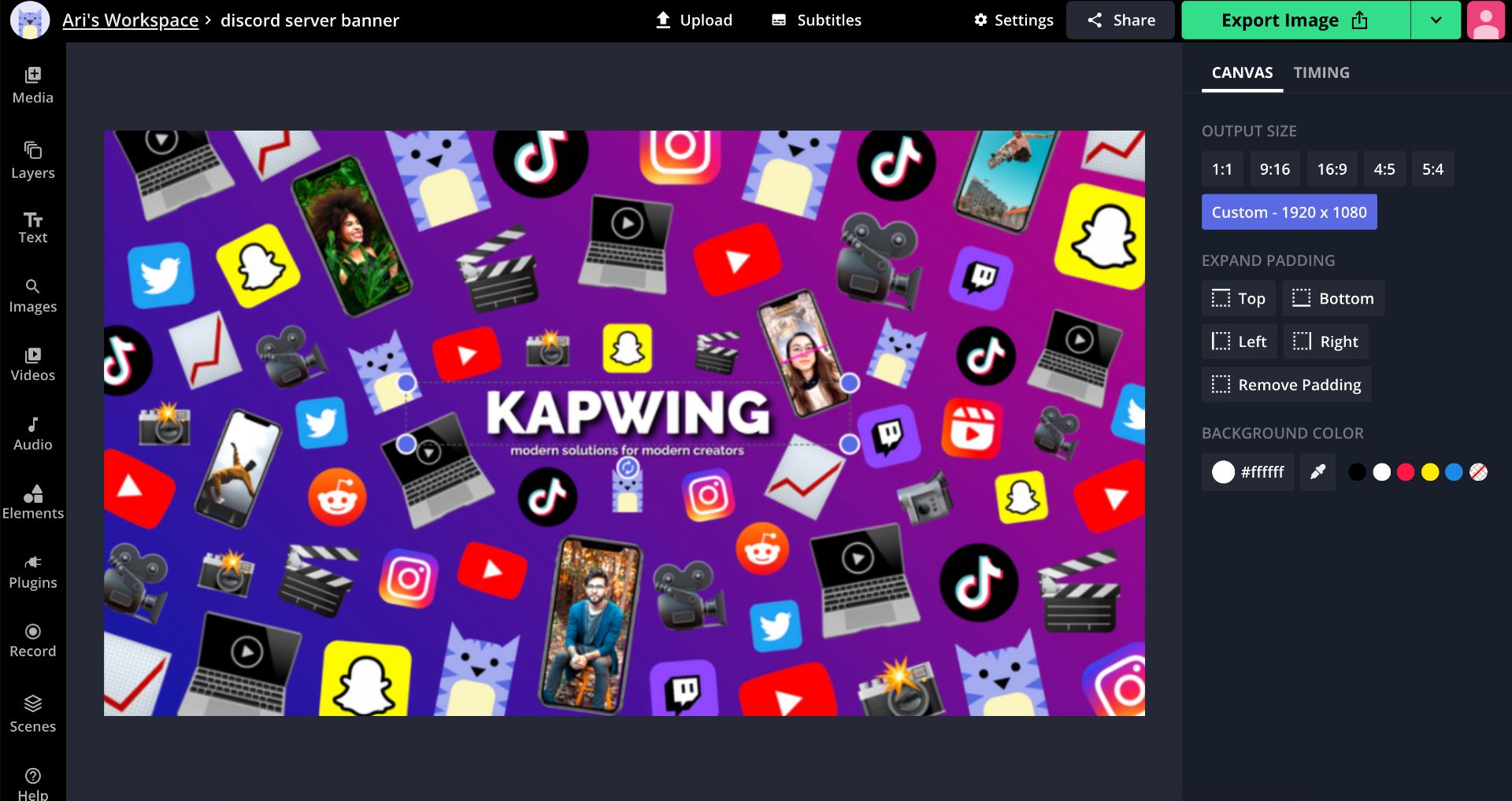 A screenshot showing how to arrange a Discord server banner in the Kapwing Studio. 