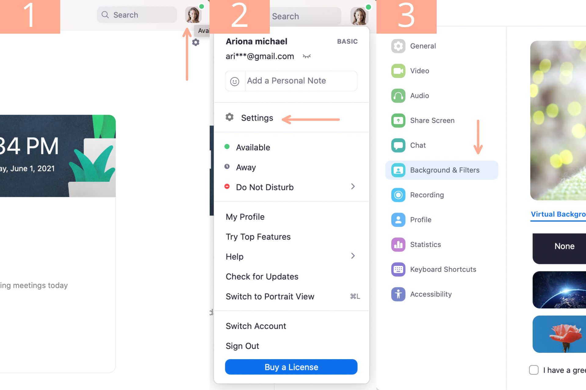 three screenshots showing how to change the background on Zoom.