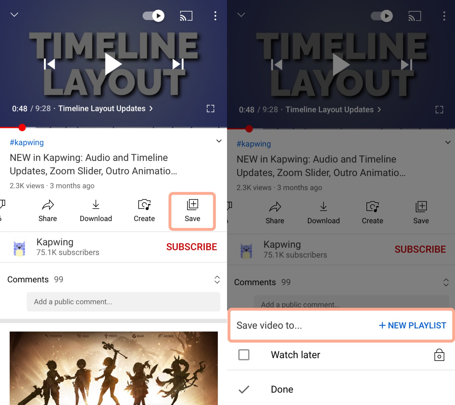 two screenshots showing how to save a youtube video to a playlist on mobile