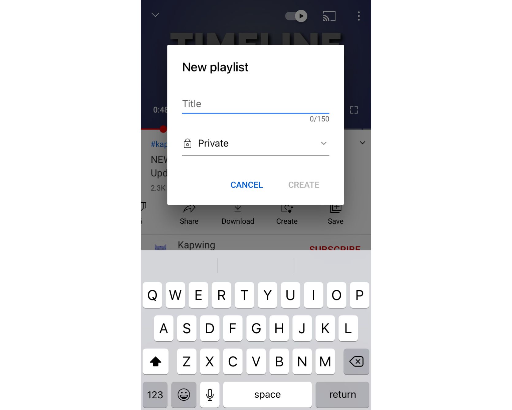 picture showing how to name a playlist on the YouTube mobile app